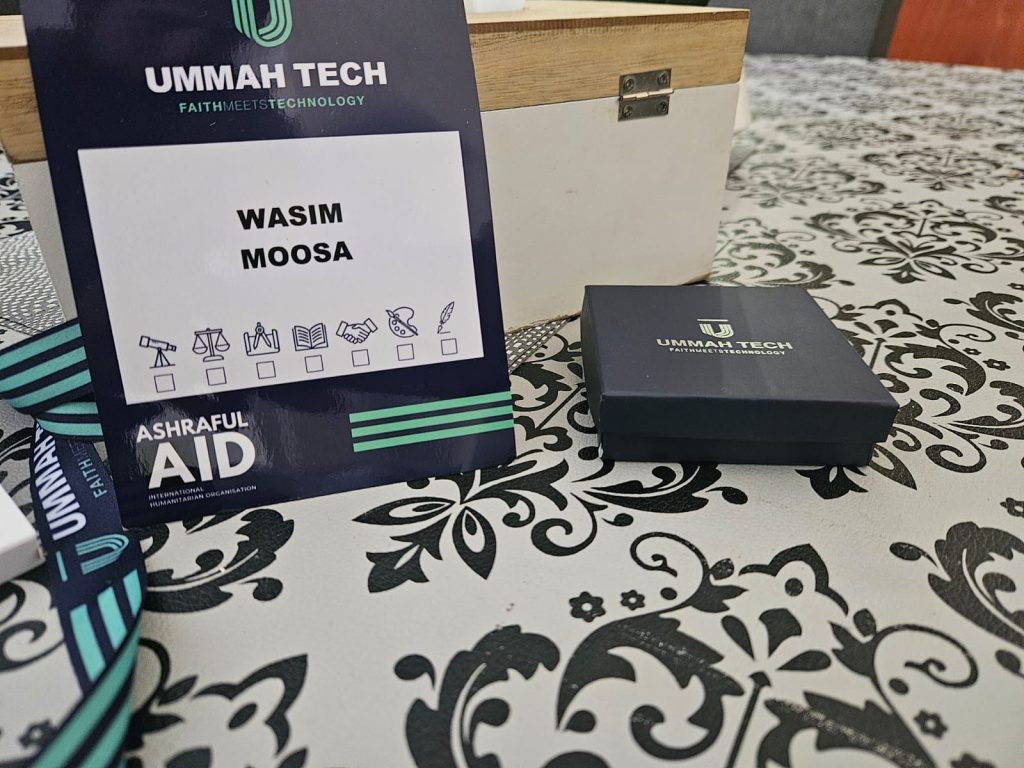 Wasim's nametag on a desk at Ummah Tech.